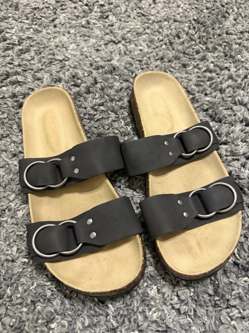 American Eagle Outfitters Black Double-Strap Slide Sandals with Silver Rings